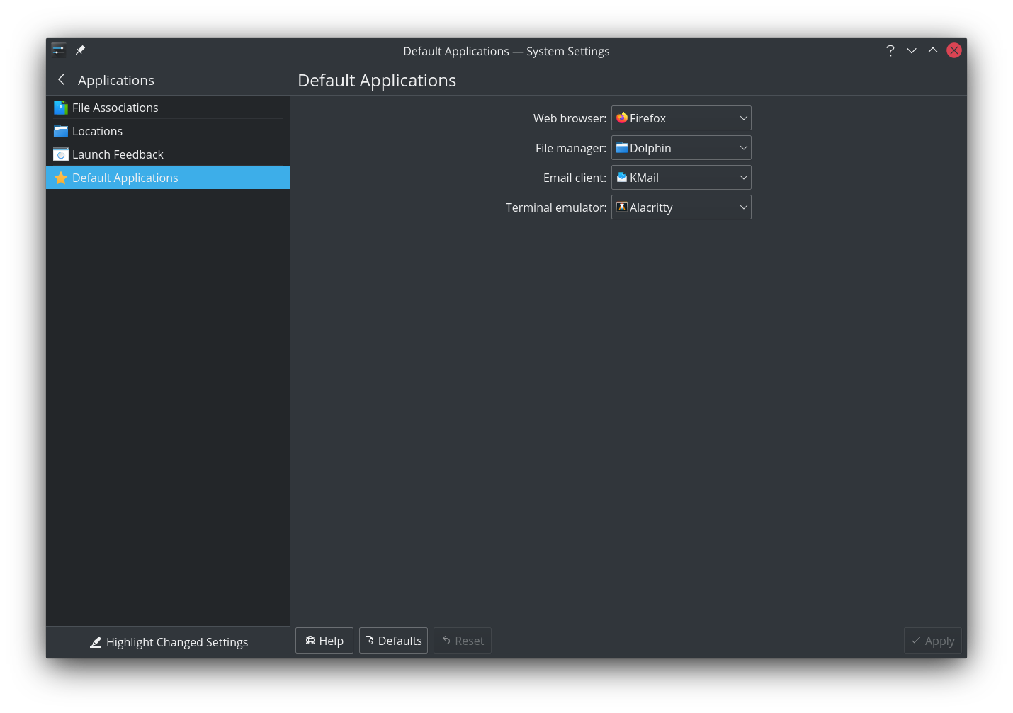 Screenshot of KDE's System Settings showing Default Applciations